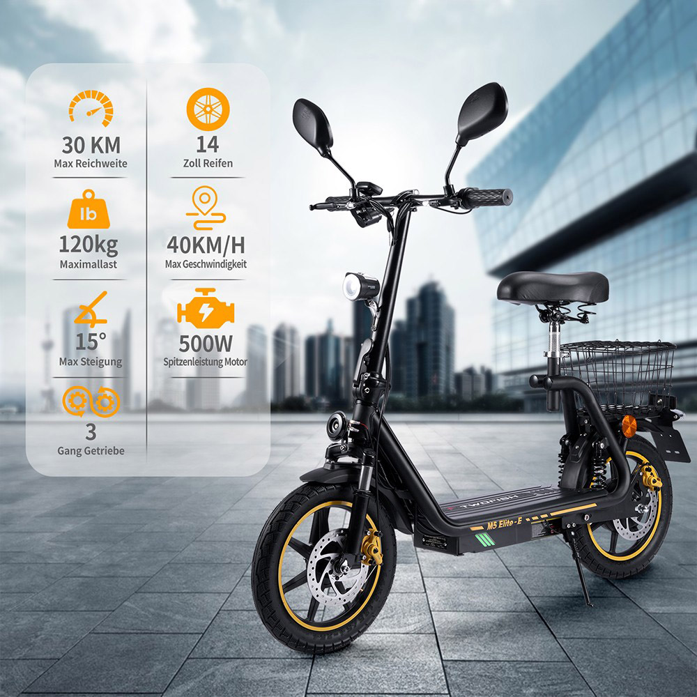 TWOFISH M5 Elite-E EEC-zertifizierter Elektroroller mit Sitz und Hinterkorb, 500W Motor, 48V 13Ah Batterie, 14 Zoll Reifen, 40 km/h H&ouml;chstgeschwindigkeit, 30 km Reichweite, Doppel-Scheibenbremsen, Vorder- und Hintersto&szlig;d&auml;mpfer - Schwarz