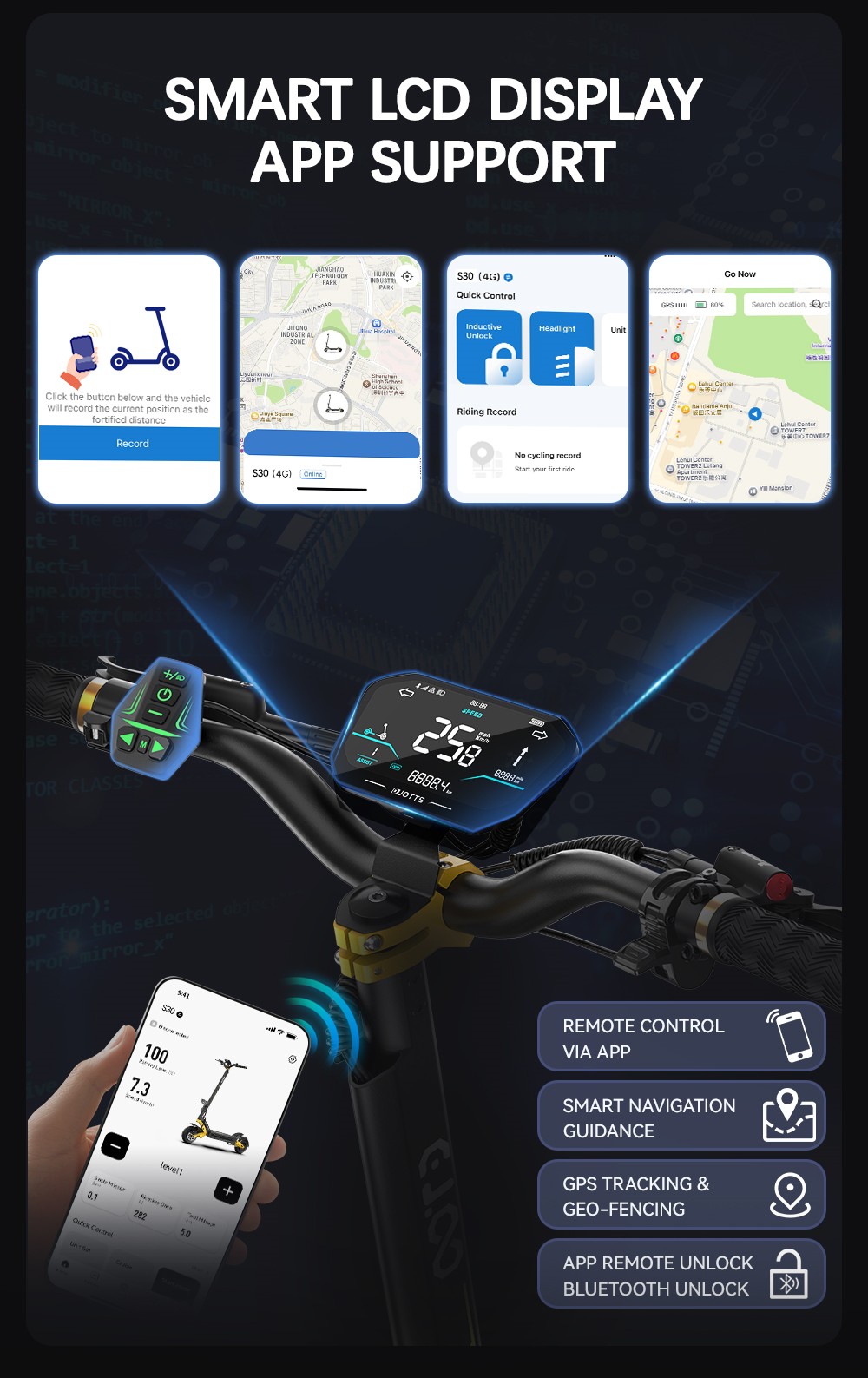 OOTD S30 Elektroroller, 2 Motoren mit 1200 W,  52 V 23,4 Ah Batterie, 10 Zoll Reifen, 65 km/h Höchstgeschwindigkeit, 60 km Reichweite, hydraulische Scheibenbremse vorne und hinten, LCD-Display