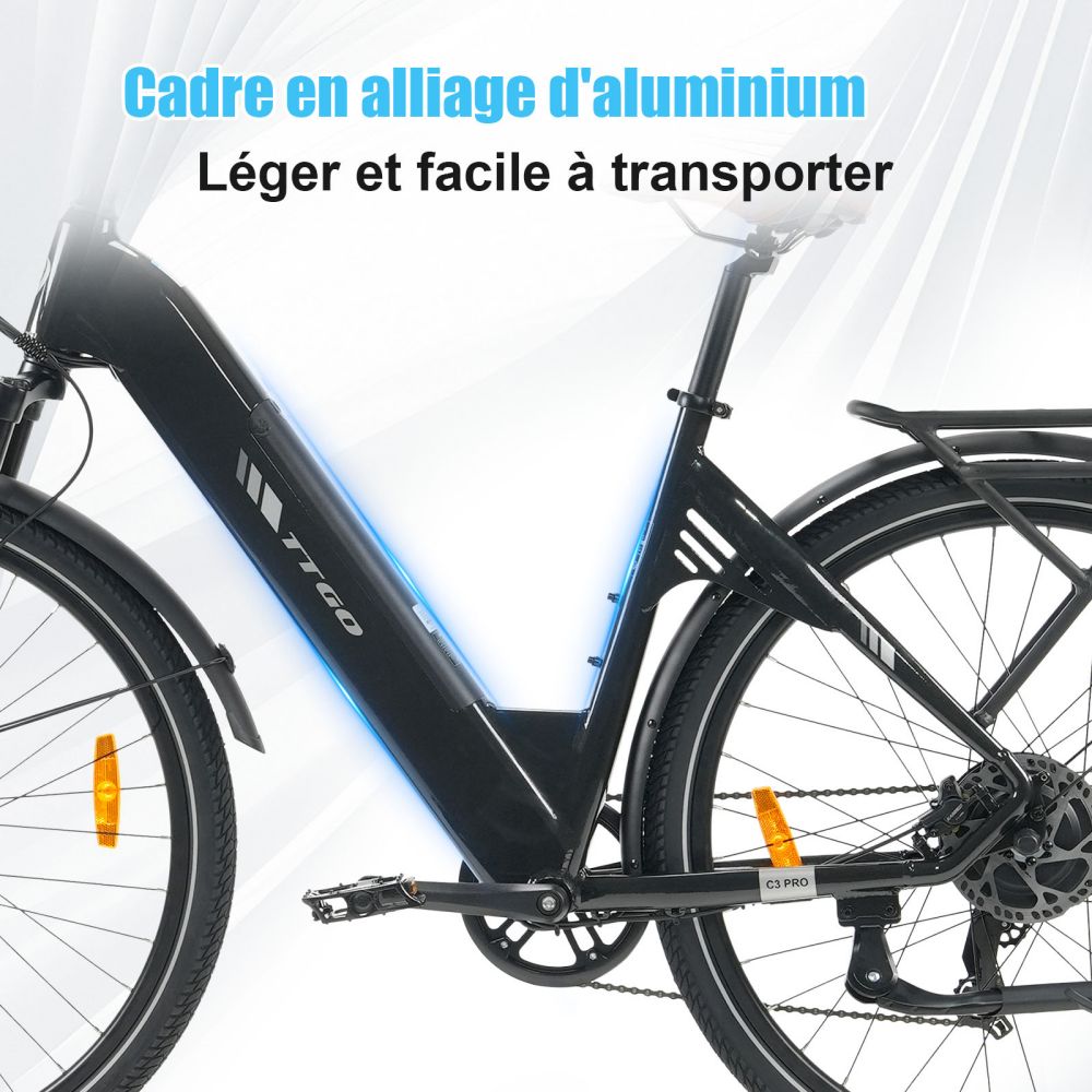 TTGO C3 Pro Vélo électrique, moteur 250W, batterie 36V 20Ah, pneus de 28 pouces, vitesse maximale de 25 km/h, autonomie maximale de 120 km, frein à disque hydraulique, fourche à suspension, capteur de couple, Shimano 7 vitesses, écran LCD - Noir