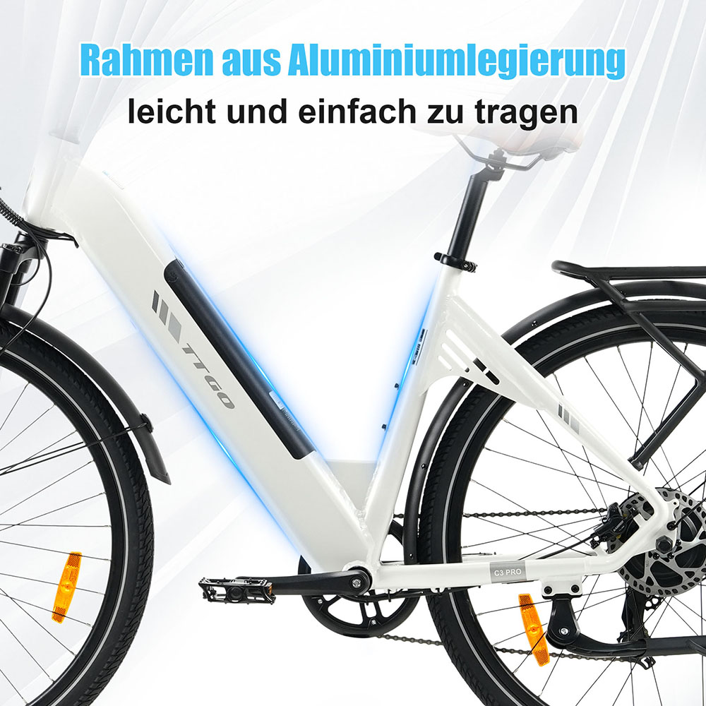 TTGO C3 Pro Elektrofahrrad, 250W Motor, 36V 20Ah Batterie, 28 Zoll Reifen, 25 km/h Höchstgeschwindigkeit, 120 km maximale Reichweite, hydraulische Scheibenbremse, Federgabel, Drehmomentsensor, Shimano 7-Gang, LCD-Display - Weiß