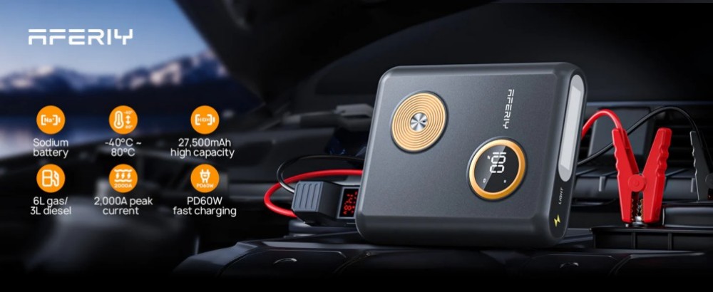 AFERIY GK03 2000A 12V Starthilfe-Akku f&uuml;r Autos, 27500mAh Powerbank, 60W PD Schnellladung, QC3.0 & DC-Ausgang, Smart-Display & LED-Licht, f&uuml;r 6,0L Benzin- und 3,0L Dieselfahrzeuge