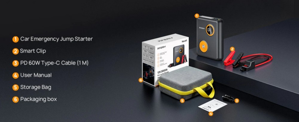 AFERIY GK03 2000A 12V Starthilfe-Akku f&uuml;r Autos, 27500mAh Powerbank, 60W PD Schnellladung, QC3.0 & DC-Ausgang, Smart-Display & LED-Licht, f&uuml;r 6,0L Benzin- und 3,0L Dieselfahrzeuge