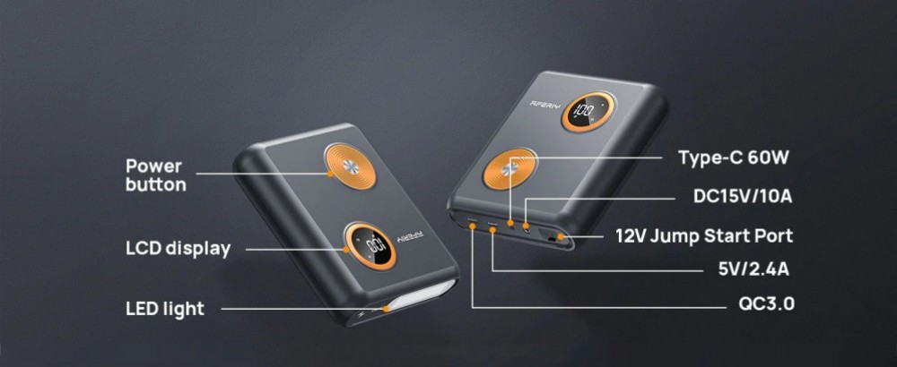 AFERIY GK03 2000A 12V Starthilfe-Akku f&uuml;r Autos, 27500mAh Powerbank, 60W PD Schnellladung, QC3.0 & DC-Ausgang, Smart-Display & LED-Licht, f&uuml;r 6,0L Benzin- und 3,0L Dieselfahrzeuge