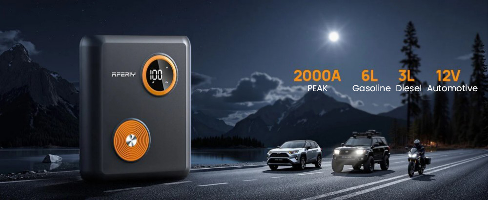 AFERIY GK03 2000A 12V Starthilfe-Akku f&uuml;r Autos, 27500mAh Powerbank, 60W PD Schnellladung, QC3.0 & DC-Ausgang, Smart-Display & LED-Licht, f&uuml;r 6,0L Benzin- und 3,0L Dieselfahrzeuge