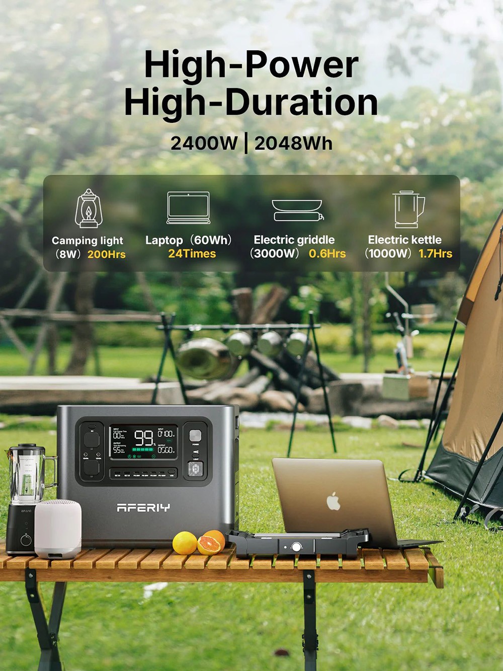 AFERIY P210 Portable Power Station, 2400W AC Output, 2048Wh LiFePO4 Battery, 13 Outputs, 2H Fast AC Recharge, 500W Solar Input & App Control