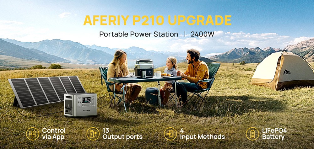 AFERIY P210 Portable Power Station, 2400W AC Output, 2048Wh LiFePO4 Battery, 13 Outputs, 2H Fast AC Recharge, 500W Solar Input & App Control