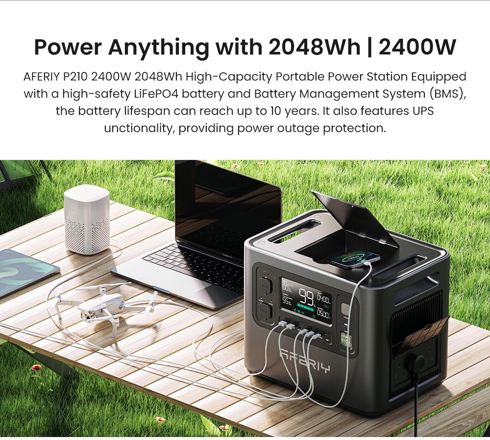 AFERIY P210 Portable Power Station, 2400W AC Output, 2048Wh LiFePO4 Battery, 16 Outputs, 2H Fast AC Recharge, 500W Solar Input & App Control