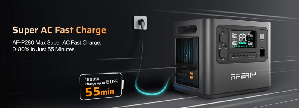 Station d'alimentation portable AFERIY P280, sortie CA sinuso&iuml;dale pure de 2&nbsp;800&nbsp;W, batterie LiFePO4 de 2&nbsp;048&nbsp;Wh, capacit&eacute; extensible, 13 ports de sortie, recharge rapide en 1,5&nbsp;h, entr&eacute;e solaire de 1&nbsp;200&nbsp;W, contr&ocirc;le via application intelligente et onduleur de secours de 10&nbsp;ms