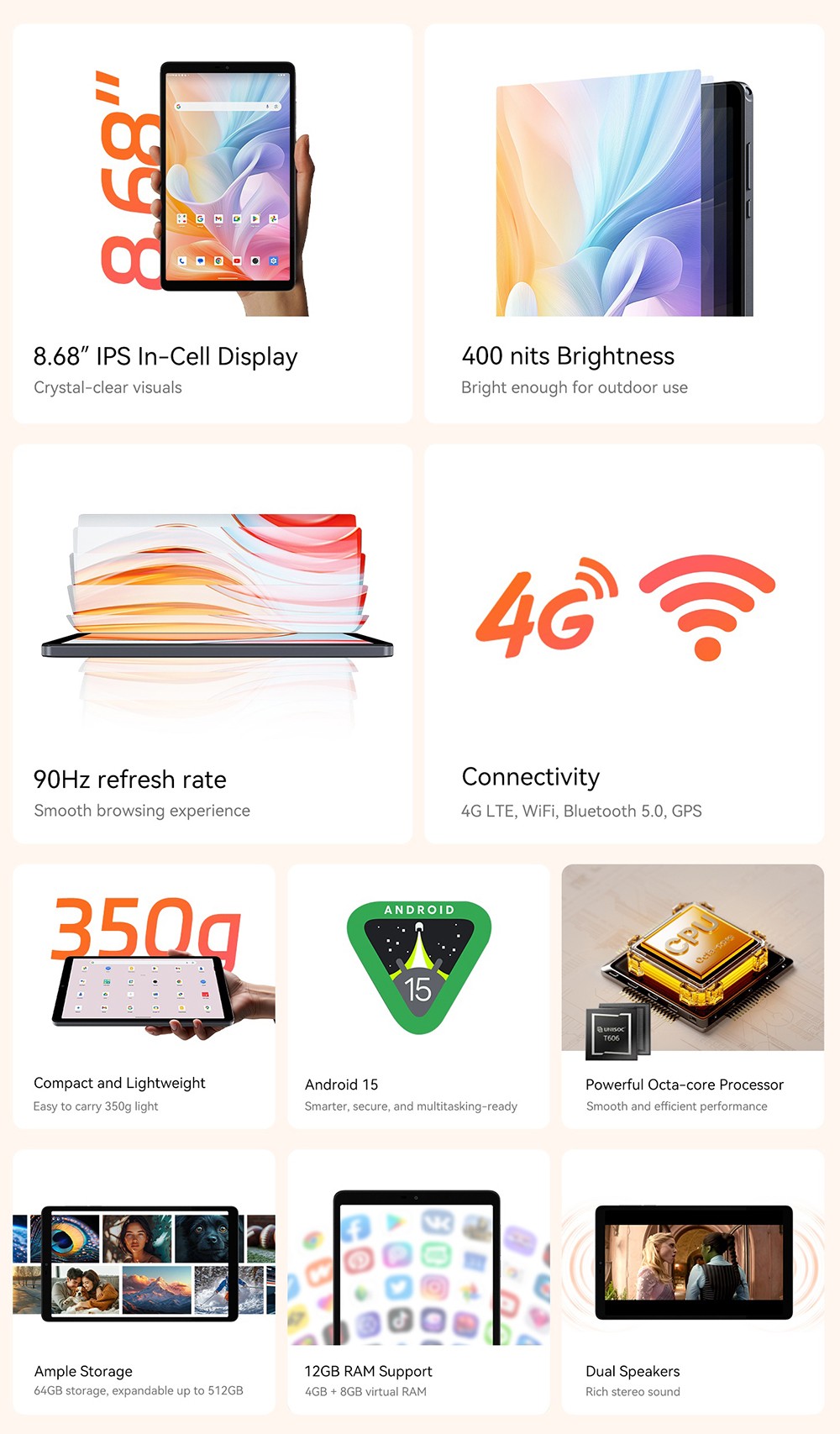 ALLDOCUBE iPlay 60 Mini Android 15 Tablet, Unisoc T606 8 Cores, 8.68 inch 800*1340 90Hz IPS Screen, 4GB+8GB Virtual RAM 64GB ROM, 5MP+5MP Camera, 2.4/5GHz WiFi Bluetooth5.0, GPS/Galileo/GLONASS/Beidou, Dual SIM,  4000mAh Battery