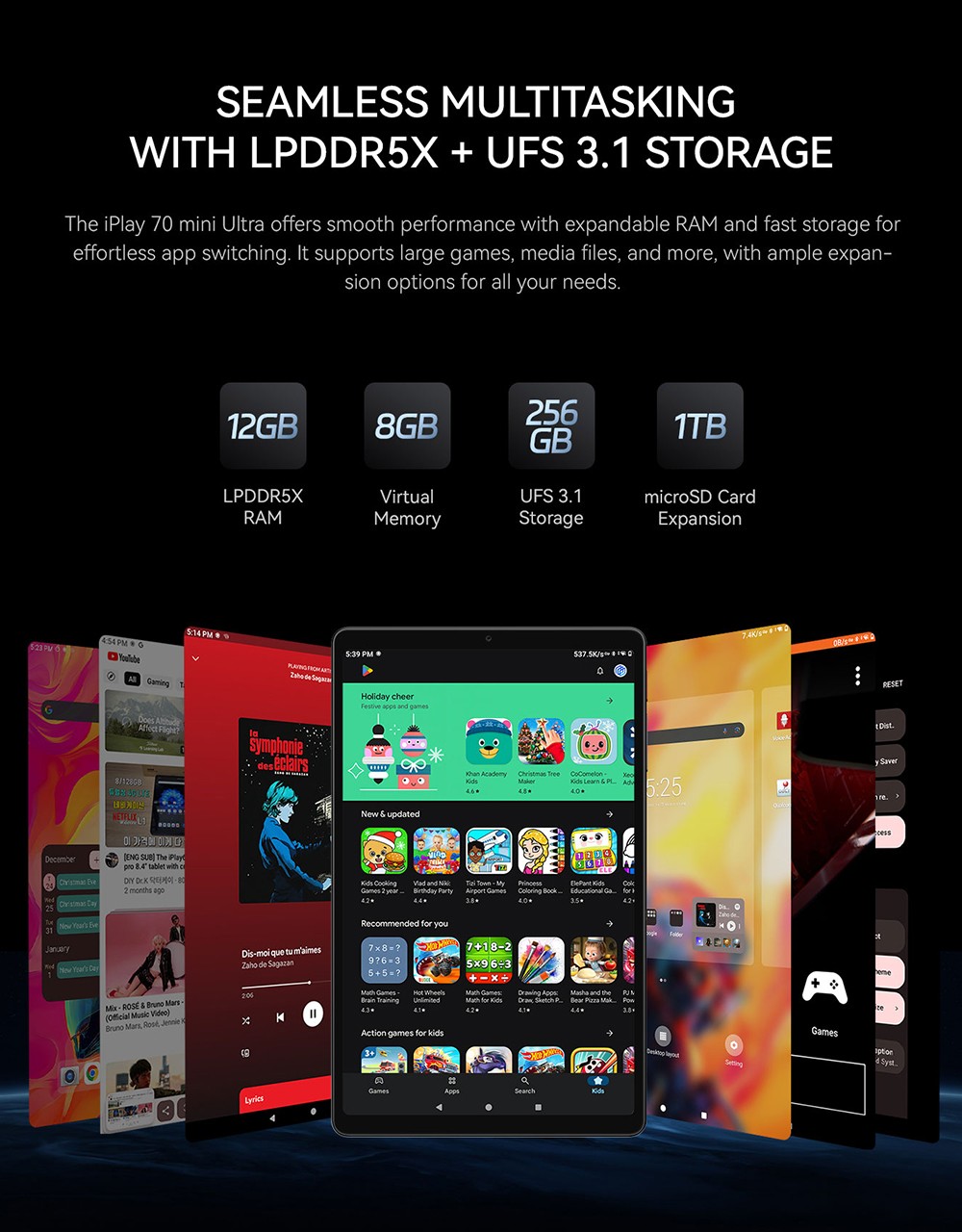 ALLDOCUBE iPlay 70 Mini Ultra Tablet, Qualcomm Snapdragon 7+ Gen3 8 Cores, 8.8 inch 2560*1600 144Hz IPS Screen, Android 14, 12GB RAM 256GB ROM, Dual-band WiFi 6, Bluetooth 5.4, 7300mAh Battery, 13M+5M Camera, 2*Full-Box Speaker