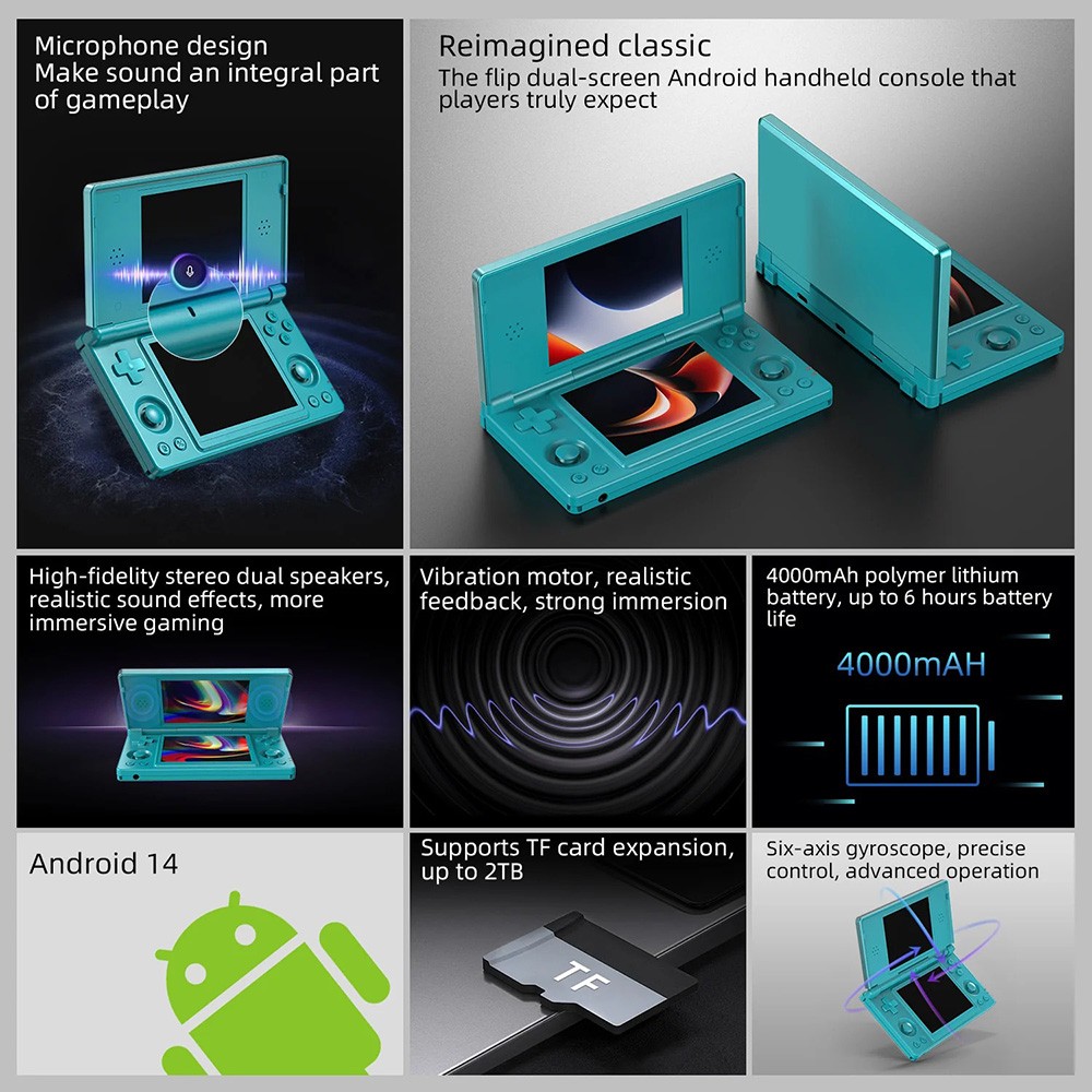 ANBERNIC RG DS Dual Screen Game Console, 4 inch 640*480 IPS Touchscreen, RK3568 Quad-core, 256GB TF Card, Android 14, 6 Hours of Playtime, 20+ Kinds of Simulators - Black Red