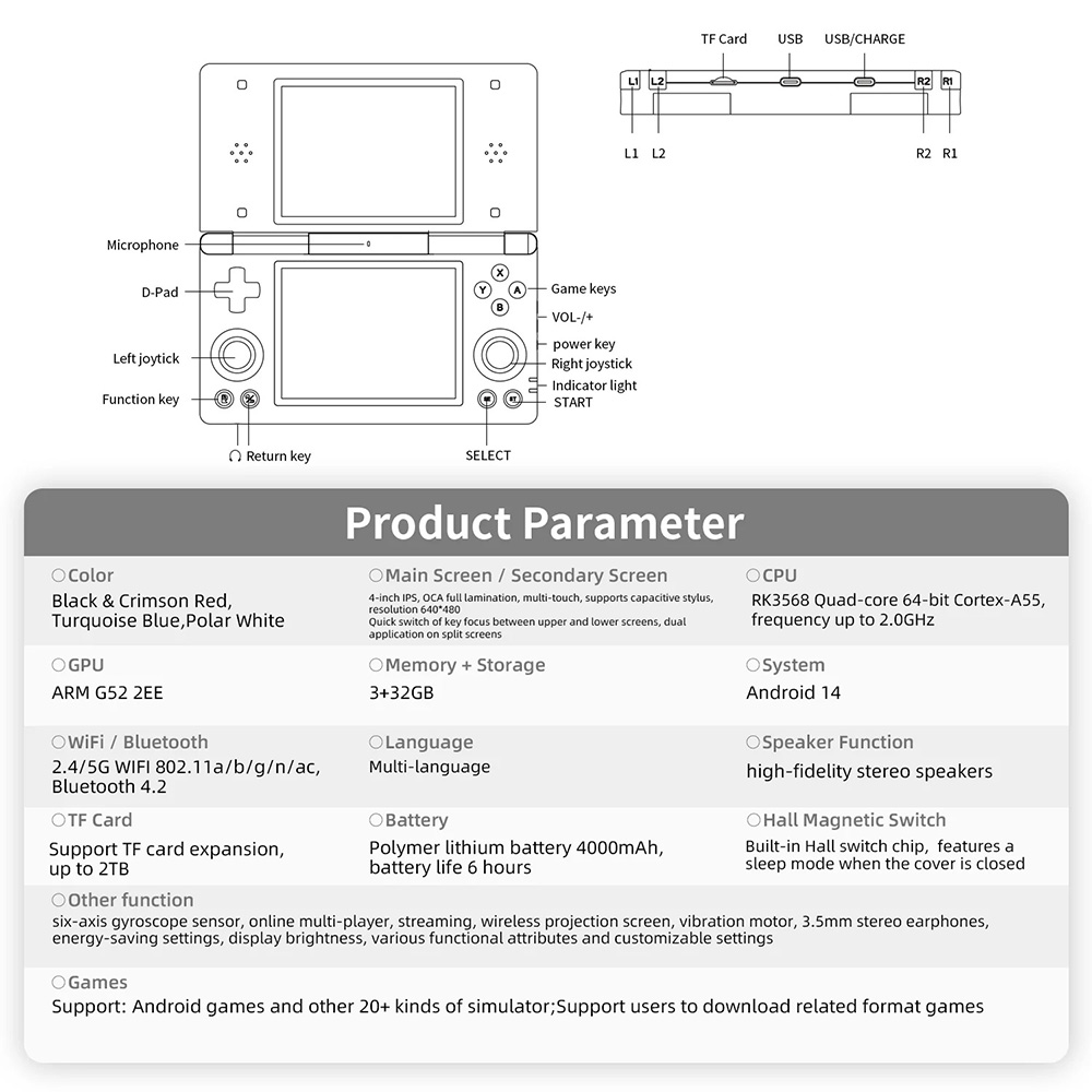 ANBERNIC RG DS Dual Screen Game Console, 4 inch 640*480 IPS Touchscreen, RK3568 Quad-core, 256GB TF Card, Android 14, 6 Hours of Playtime, 20+ Kinds of Simulators - Black Red
