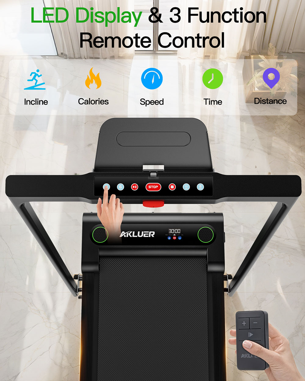 Akluer 480L-B Incline Walking Pad with Foldable Handle, 2.5HP Quiet Motor, LED Screen & Remote Control, 150kg Max Capacity, Anti-slip Belt