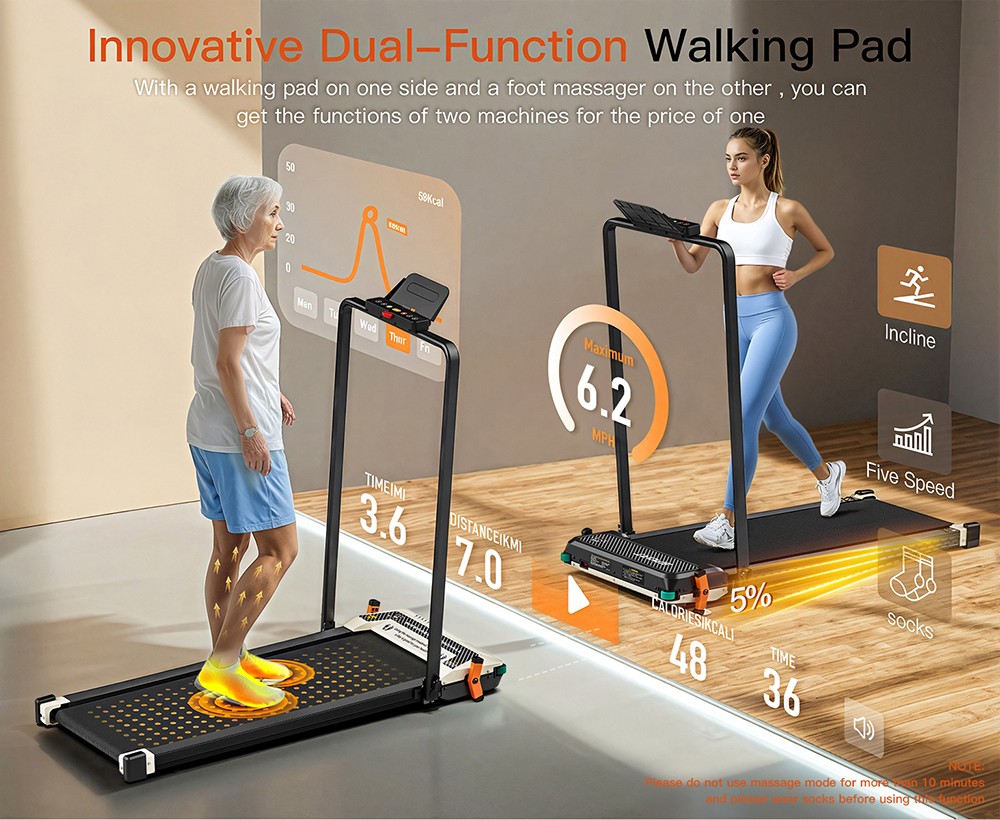 Akluer 520A-B Dual-Sided Walking Pad with Handle, 2.5HP Quiet Motor, 4MPH Max Speed, 150kg Capacity, Dual LED Display, Manual Incline & Built-in Foot Massager