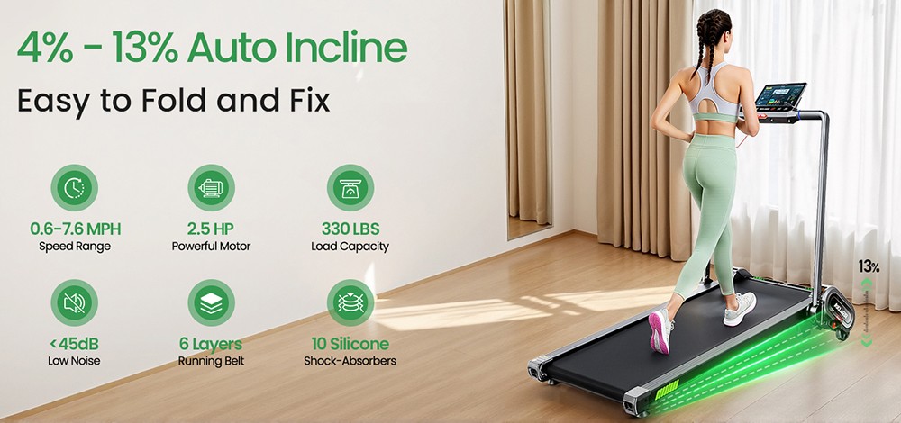 Akluer H1-B Under Desk Treadmill with 13% Auto Incline, 2.5HP Motor, 12km/h Speed, 100x40cm Running Area, 150kg Max Load, LED Display & Remote control