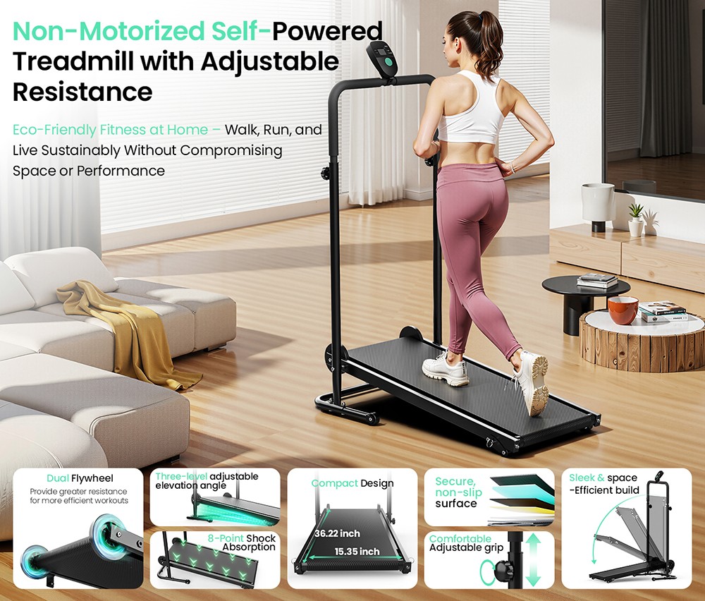 Akluer RJ401 Non-Motorized Treadmill with 5% Incline, 3 Speed Levels, 92x39cm Running Area, 150kg Max Load, 6-Layer Anti-Slip Belt, LED Display & Shock Absorption