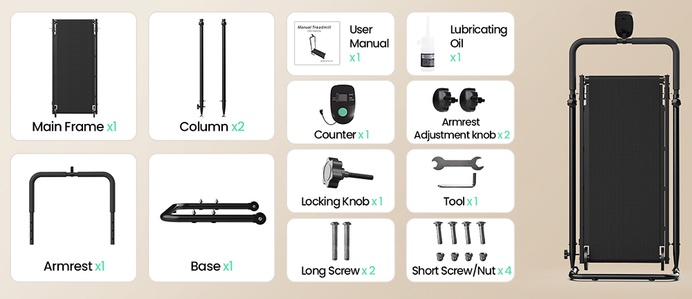 Akluer RJ401 Non-Motorized Treadmill with 5% Incline, 3 Speed Levels, 92x39cm Running Area, 150kg Max Load, 6-Layer Anti-Slip Belt, LED Display & Shock Absorption
