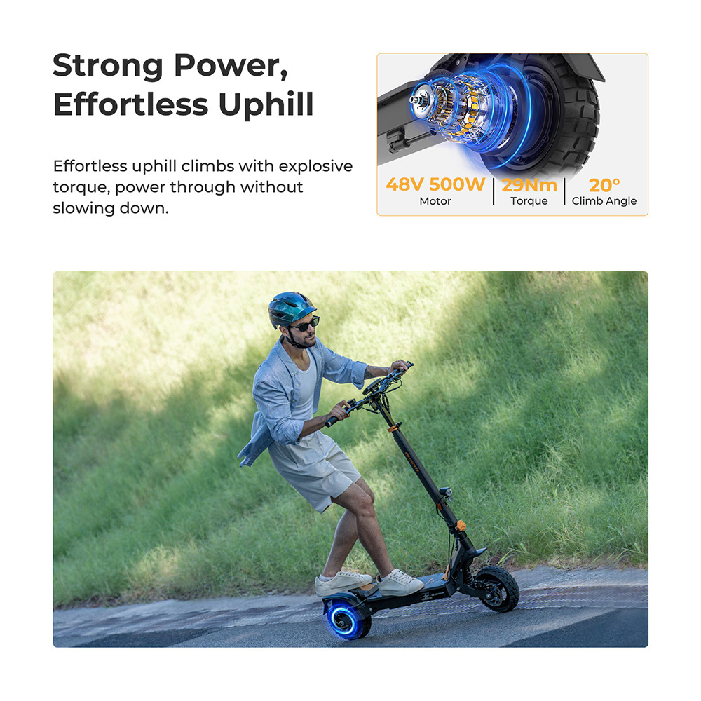 Ausom L1 Electric Scooter ABE Version, 500W Motor, 48V 20.8Ah batéria, 10-palcové pneumatiky, max. rýchlosť 20 km/h, dojazd 90 km, predné a zadné kotúčové brzdy, odpruženie kyvného ramena, odomykanie pomocou NFC a prístupového kódu