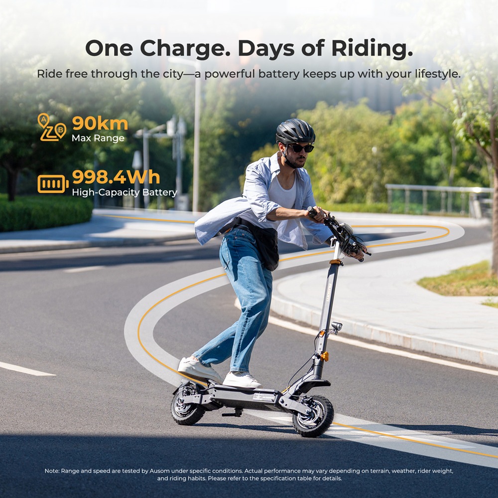 Ausom L1 Electric Scooter ABE Version, 500W Motor, 48V 20.8Ah batéria, 10-palcové pneumatiky, max. rýchlosť 20 km/h, dojazd 90 km, predné a zadné kotúčové brzdy, odpruženie kyvného ramena, odomykanie pomocou NFC a prístupového kódu