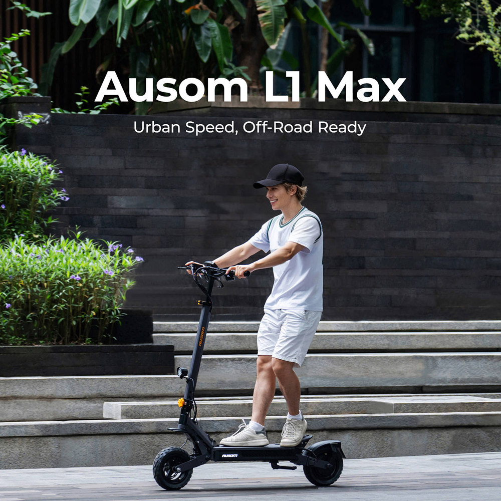 Ausom L1 Max Electric Scooter, 1000W Motor, 48V 20.8Ah batéria, 10-palcové pneumatiky, max. rýchlosť 50 km/h, dojazd 90 km, dvojkotúčové brzdy, odpruženie kyvného ramena, odomykanie pomocou NFC & prístupového kódu