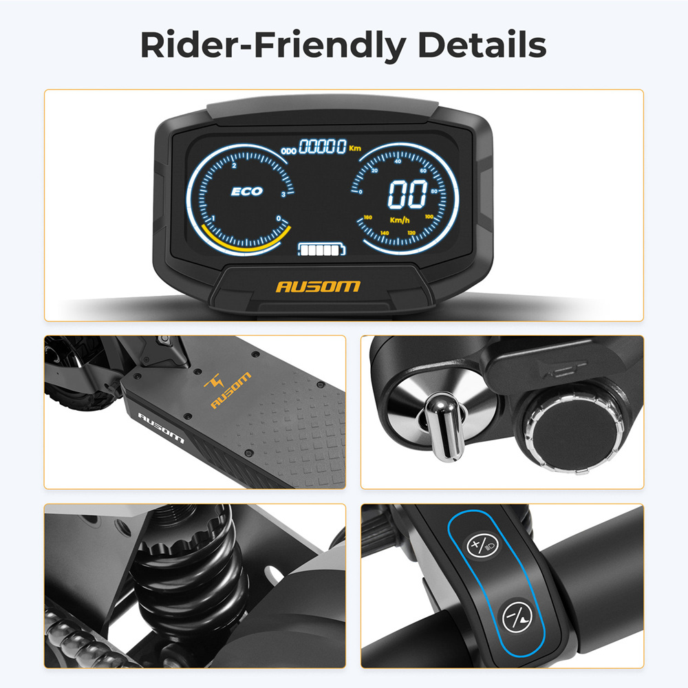 Ausom L1 Max Electric Scooter, 1000W Motor, 48V 20.8Ah batéria, 10-palcové pneumatiky, max. rýchlosť 50 km/h, dojazd 90 km, dvojkotúčové brzdy, odpruženie kyvného ramena, odomykanie pomocou NFC & prístupového kódu