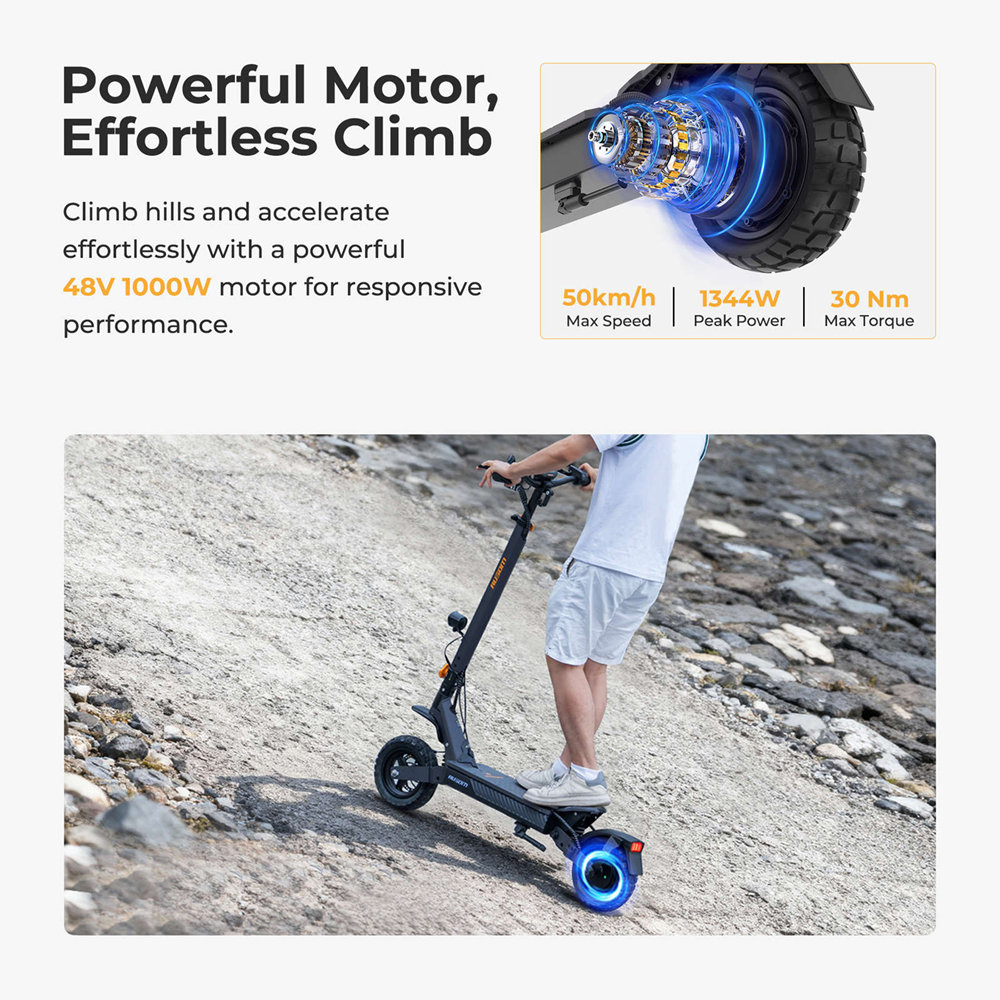 Ausom L1 Max Electric Scooter, 1000W Motor, 48V 20.8Ah batéria, 10-palcové pneumatiky, max. rýchlosť 50 km/h, dojazd 90 km, dvojkotúčové brzdy, odpruženie kyvného ramena, odomykanie pomocou NFC & prístupového kódu