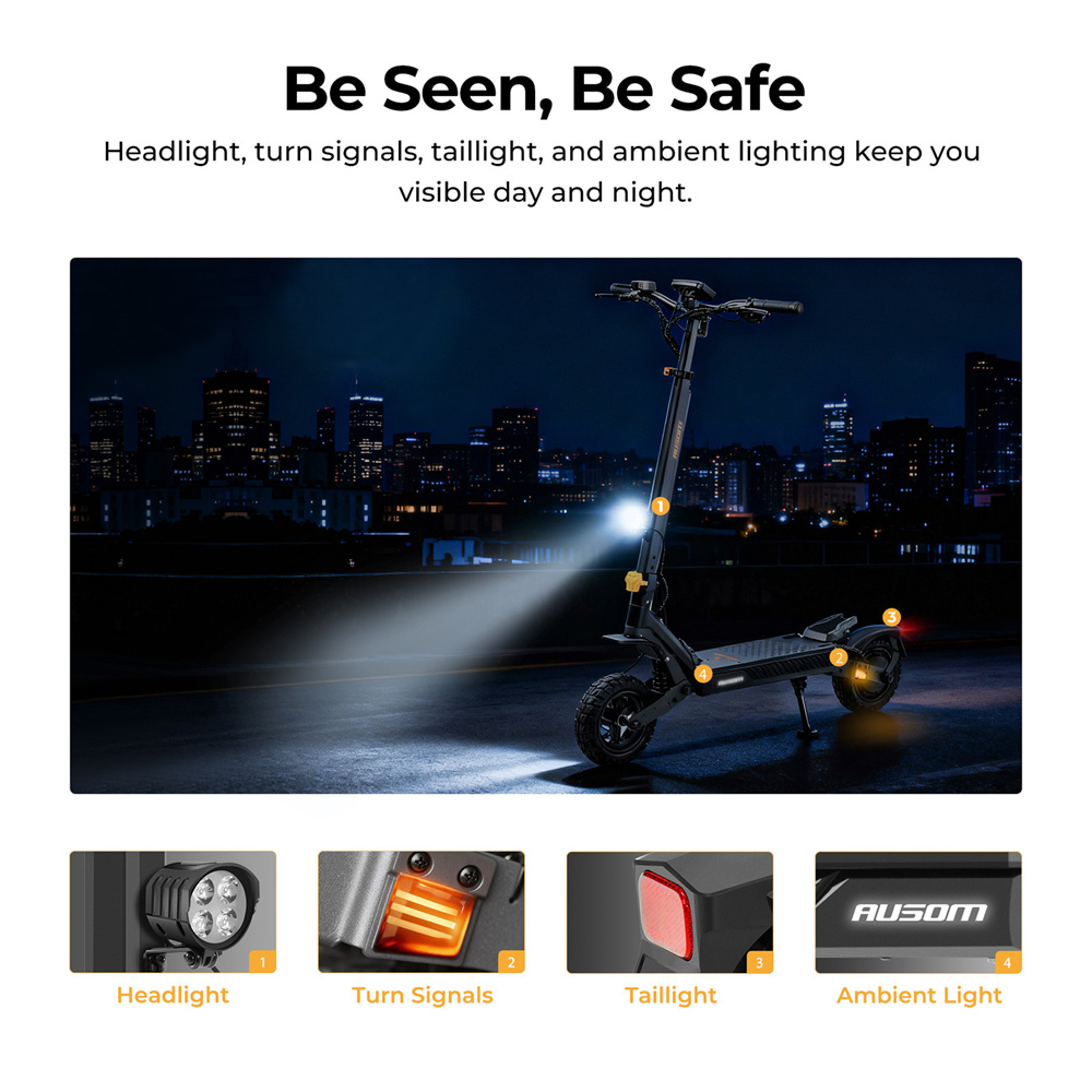 Ausom L1 Max Electric Scooter, 1000W motor, 48V 20.8Ah batéria, 10 palcové pneumatiky, max. rýchlosť 50 km/h, dojazd 90 km, dvojkotúčové brzdy, odpružené rameno, odomykanie pomocou NFC & prístupového kódu