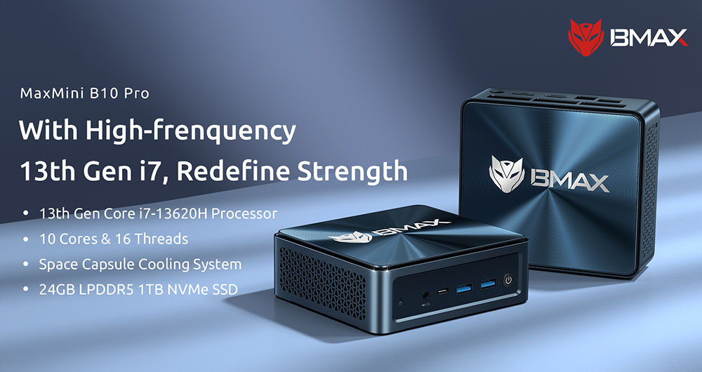 BMAX B10 Pro Mini PC, Intel i7-13620H 10 Cores Max 4.9GHz, 24GB LPDDR5 RAM 1TB SSD, DP+HDMI+Type-C Triple Display,  WiFi 6 Bluetooth 5.2, 3*USB3.2, 2*USB2.0, 1*RJ45, 1*3.5mm Headset Jack