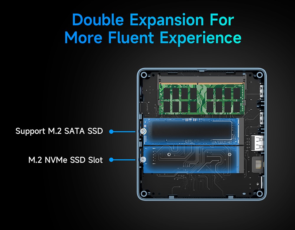 Mini PC BMAX B4 Ultra, processeur Intel N150 quadric&oelig;ur jusqu'&agrave; 3,6 GHz, 16 Go de RAM, SSD de 512 Go, double affichage HDMI, Wi-Fi 5, Bluetooth 5.0,  2 ports USB 3.0, 2 ports USB 2.0, 1 port RJ45, 1 prise casque