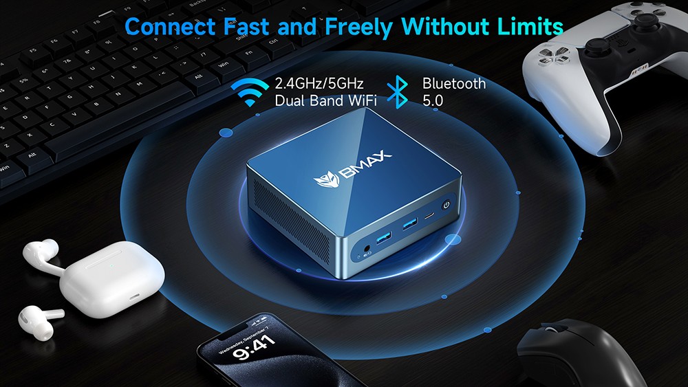 Mini PC BMAX B4 Ultra, processeur Intel N150 quadric&oelig;ur jusqu'&agrave; 3,6 GHz, 16 Go de RAM, SSD de 512 Go, double affichage HDMI, Wi-Fi 5, Bluetooth 5.0,  2 ports USB 3.0, 2 ports USB 2.0, 1 port RJ45, 1 prise casque