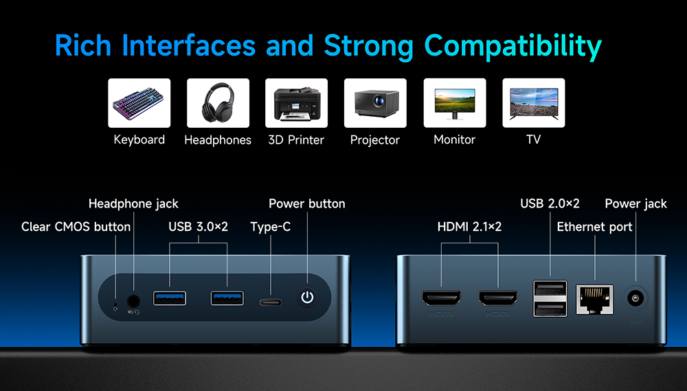 Mini PC BMAX B4 Ultra, processeur Intel N150 quadric&oelig;ur jusqu'&agrave; 3,6 GHz, 16 Go de RAM, SSD de 512 Go, double affichage HDMI, Wi-Fi 5, Bluetooth 5.0,  2 ports USB 3.0, 2 ports USB 2.0, 1 port RJ45, 1 prise casque