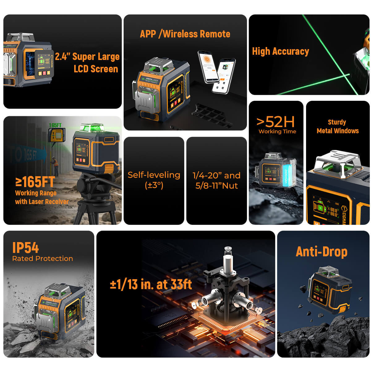 CIGMAN CM-S03 12-Linien-Laser-Nivellierger&auml;t mit LCD-Display, 3 &times; 360&deg; gr&uuml;nem Laserstrahl, &plusmn;1,5 mm/5 m hohe Genauigkeit, automatische Nivellierung, 2 x 2600 mAh Akkus, IP54 wasser- und staubdicht, App- und Fernbedienung