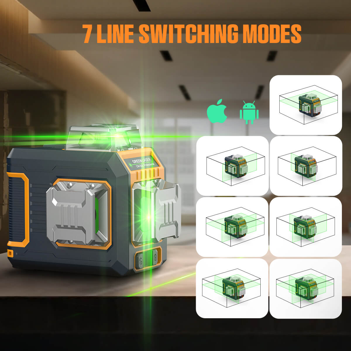 CIGMAN CM-S03 12-Linien-Laser-Nivellierger&auml;t mit LCD-Display, 3 &times; 360&deg; gr&uuml;nem Laserstrahl, &plusmn;1,5 mm/5 m hohe Genauigkeit, automatische Nivellierung, 2 x 2600 mAh Akkus, IP54 wasser- und staubdicht, App- und Fernbedienung