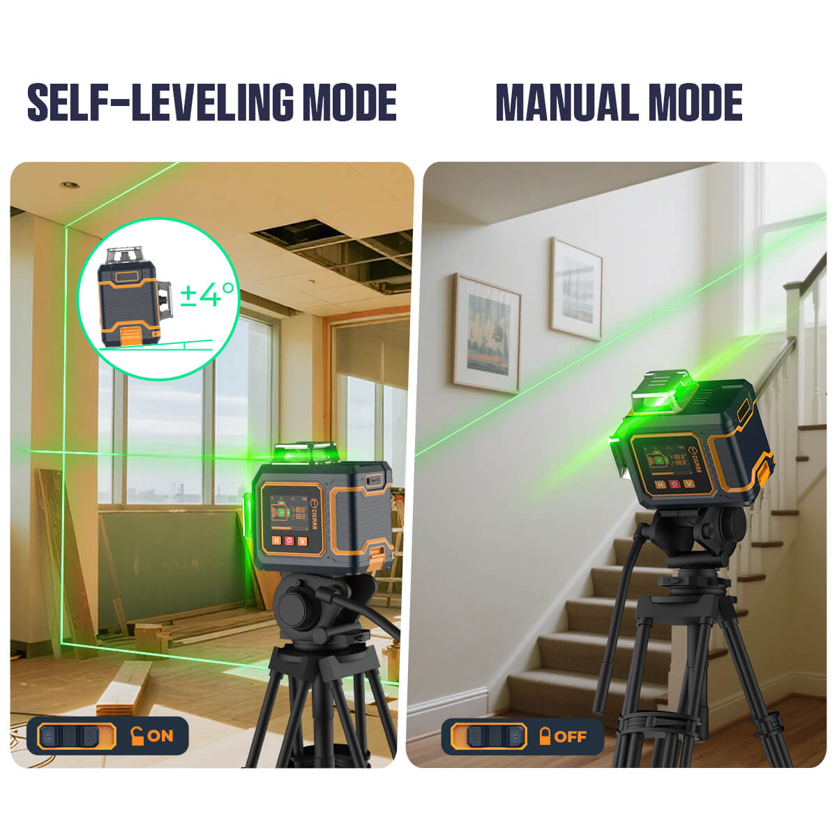 CIGMAN CM-S03 12-Linien-Laser-Nivellierger&auml;t mit LCD-Display, 3 &times; 360&deg; gr&uuml;nem Laserstrahl, &plusmn;1,5 mm/5 m hohe Genauigkeit, automatische Nivellierung, 2 x 2600 mAh Akkus, IP54 wasser- und staubdicht, App- und Fernbedienung