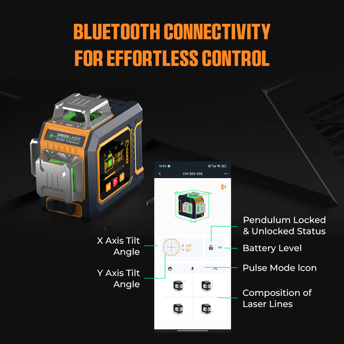 CIGMAN CM-S03 12-Linien-Laser-Nivellierger&auml;t mit LCD-Display, 3 &times; 360&deg; gr&uuml;nem Laserstrahl, &plusmn;1,5 mm/5 m hohe Genauigkeit, automatische Nivellierung, 2 x 2600 mAh Akkus, IP54 wasser- und staubdicht, App- und Fernbedienung