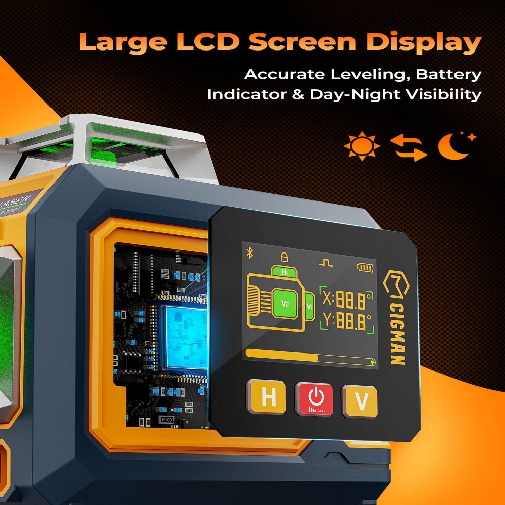 CIGMAN CM-S03 12-Line Laser Level with LCD Display, 3&times;360&deg; Green Beam, &plusmn;1.5mm/5m High Accuracy, Auto-Leveling, 2600mAhx2 Batteries, IP54 Waterproof & Dustproof, APP & Remote Control