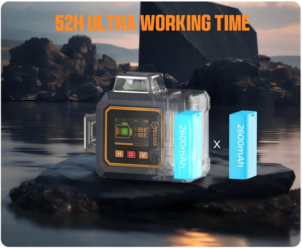 CIGMAN CM-S03 12-Line Laser Level with LCD Display, 3&times;360&deg; Green Beam, &plusmn;1.5mm/5m High Accuracy, Auto-Leveling, 2600mAhx2 Batteries, IP54 Waterproof & Dustproof, APP & Remote Control