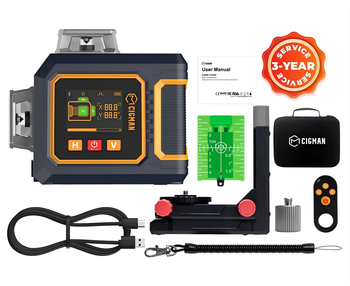 CIGMAN CM-S03 12-Line Laser Level with LCD Display, 3&times;360&deg; Green Beam, &plusmn;1.5mm/5m High Accuracy, Auto-Leveling, 2600mAhx2 Batteries, IP54 Waterproof & Dustproof, APP & Remote Control