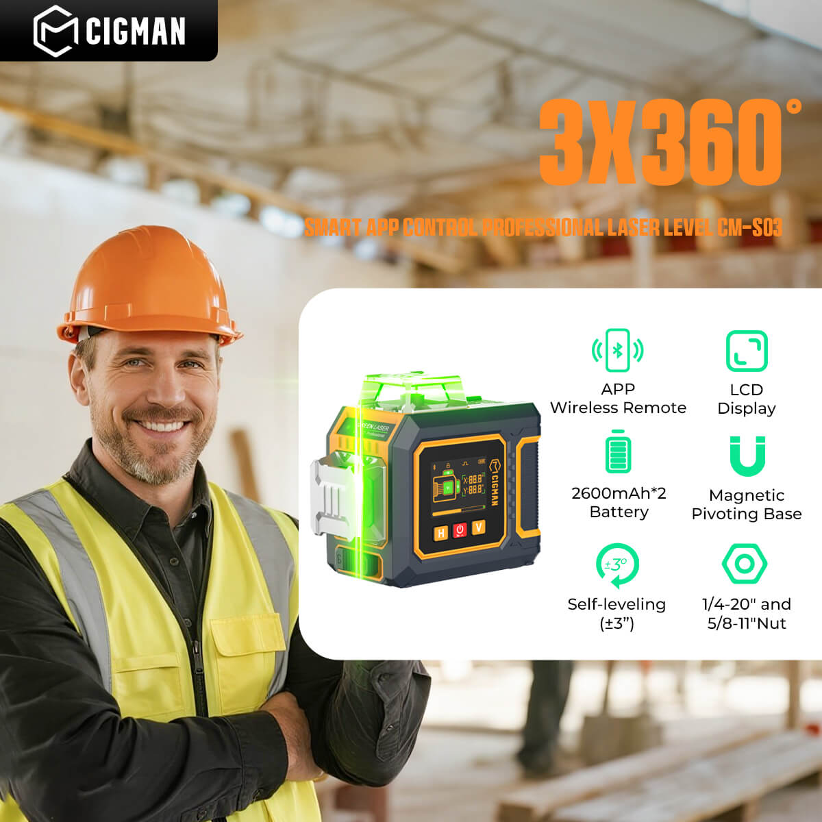 CIGMAN CM-S03 12-Line Laser Level with LCD Display, 3&times;360&deg; Green Beam, &plusmn;1.5mm/5m High Accuracy, Auto-Leveling, 2600mAhx2 Batteries, IP54 Waterproof & Dustproof, APP & Remote Control