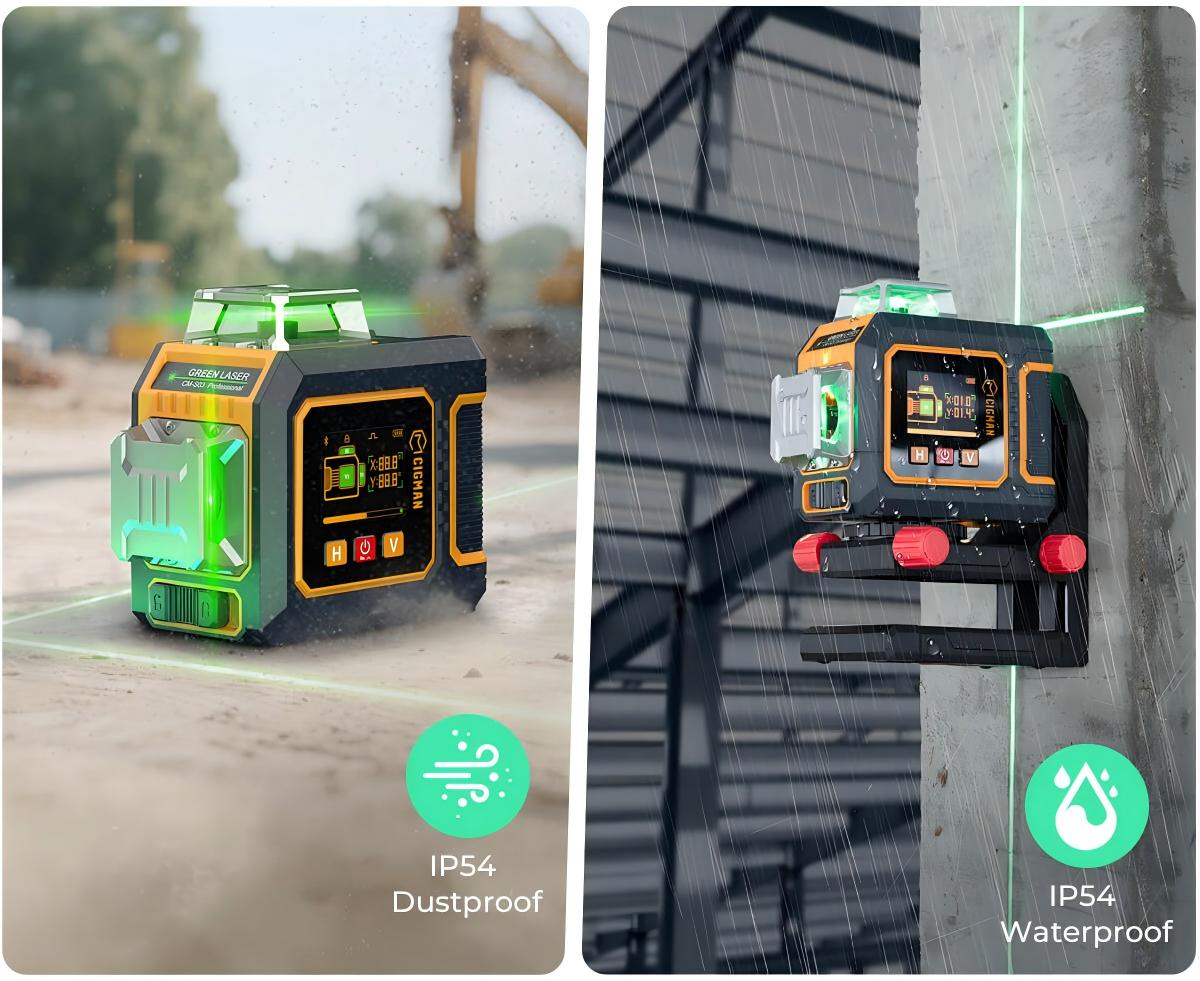 CIGMAN CM-S03 12-Line Laser Level with LCD Display, 3&times;360&deg; Green Beam, &plusmn;1.5mm/5m High Accuracy, Auto-Leveling, 2600mAhx2 Batteries, IP54 Waterproof & Dustproof, APP & Remote Control