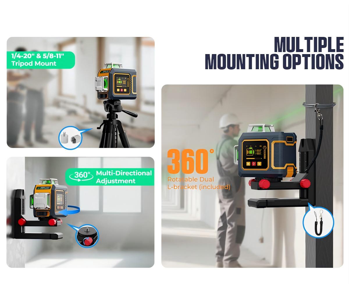 CIGMAN CM-S03 12-Line Laser Level with LCD Display, 3&times;360&deg; Green Beam, &plusmn;1.5mm/5m High Accuracy, Auto-Leveling, 2600mAhx2 Batteries, IP54 Waterproof & Dustproof, APP & Remote Control