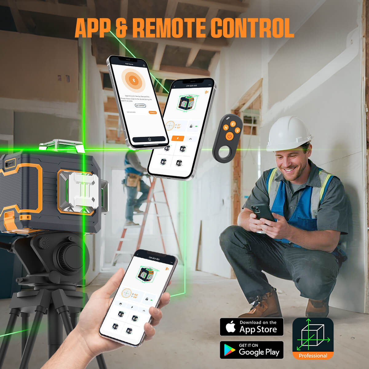 CIGMAN CM-S03 12-Line Laser Level with LCD Display, 3&times;360&deg; Green Beam, &plusmn;1.5mm/5m High Accuracy, Auto-Leveling, 2600mAhx2 Batteries, IP54 Waterproof & Dustproof, APP & Remote Control