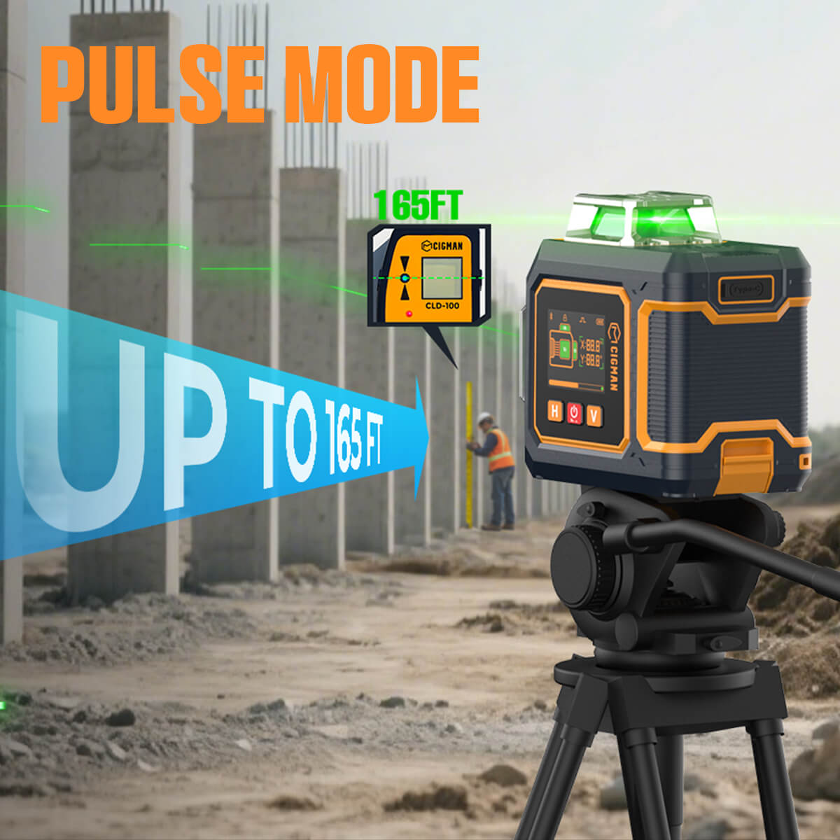 CIGMAN CM-S03 12-Line Laser Level with LCD Display, 3&times;360&deg; Green Beam, &plusmn;1.5mm/5m High Accuracy, Auto-Leveling, 2600mAhx2 Batteries, IP54 Waterproof & Dustproof, APP & Remote Control