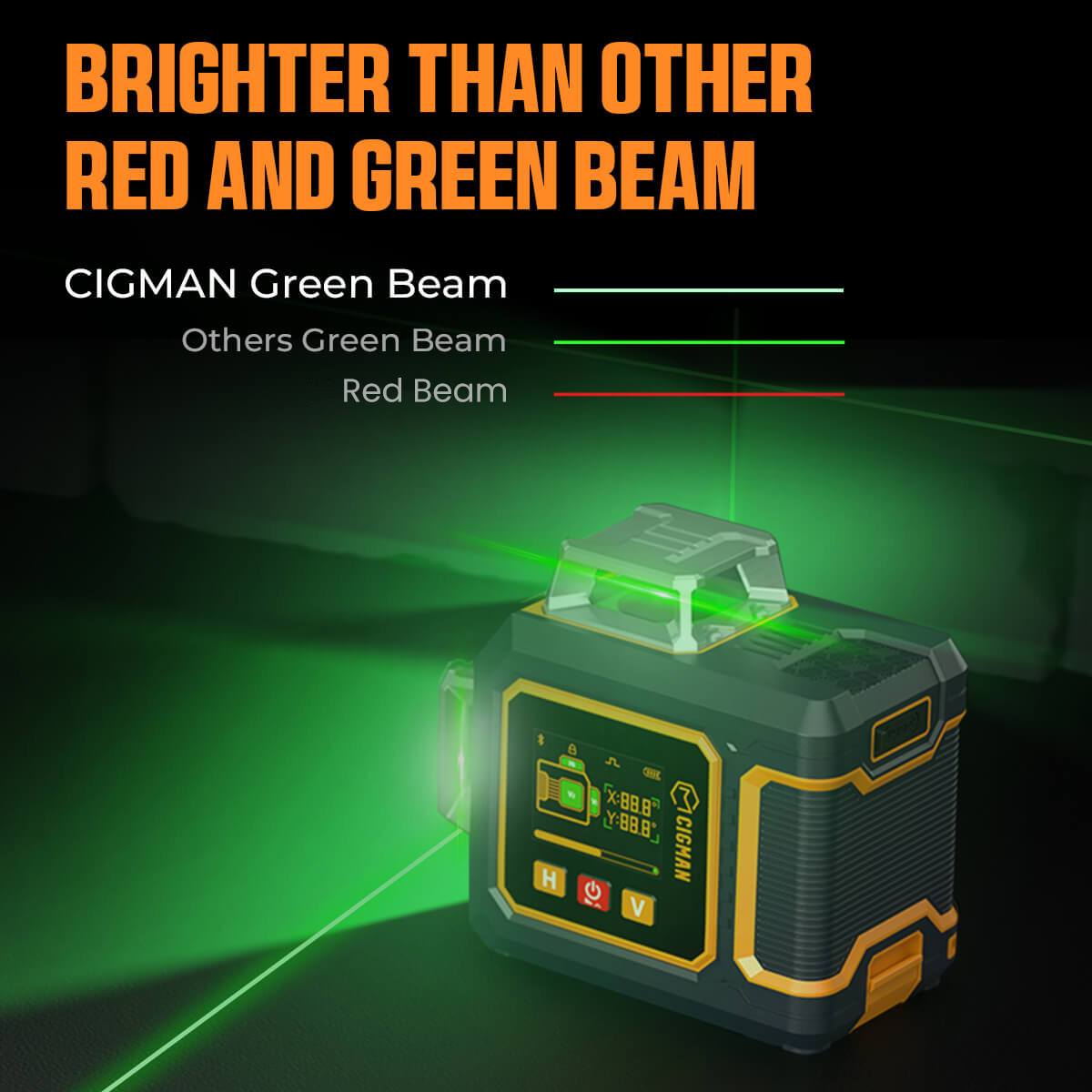 CIGMAN CM-S03 12-Line Laser Level with LCD Display, 3&times;360&deg; Green Beam, &plusmn;1.5mm/5m High Accuracy, Auto-Leveling, 2600mAhx2 Batteries, IP54 Waterproof & Dustproof, APP & Remote Control