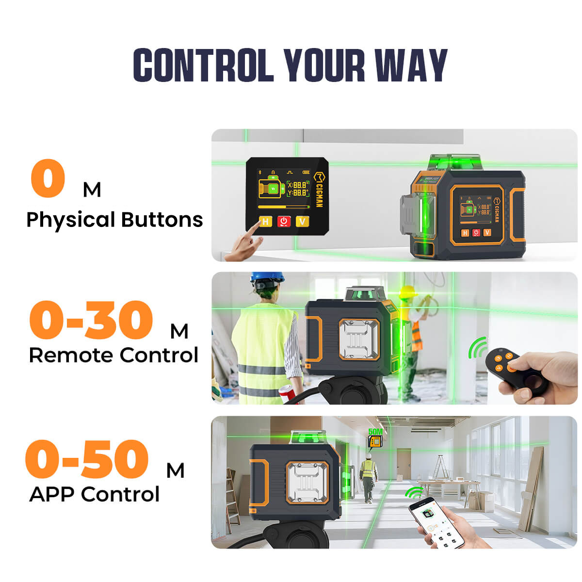 CIGMAN CM-S03 12-Line Laser Level with LCD Display, 3&times;360&deg; Green Beam, &plusmn;1.5mm/5m High Accuracy, Auto-Leveling, 2600mAhx2 Batteries, IP54 Waterproof & Dustproof, APP & Remote Control