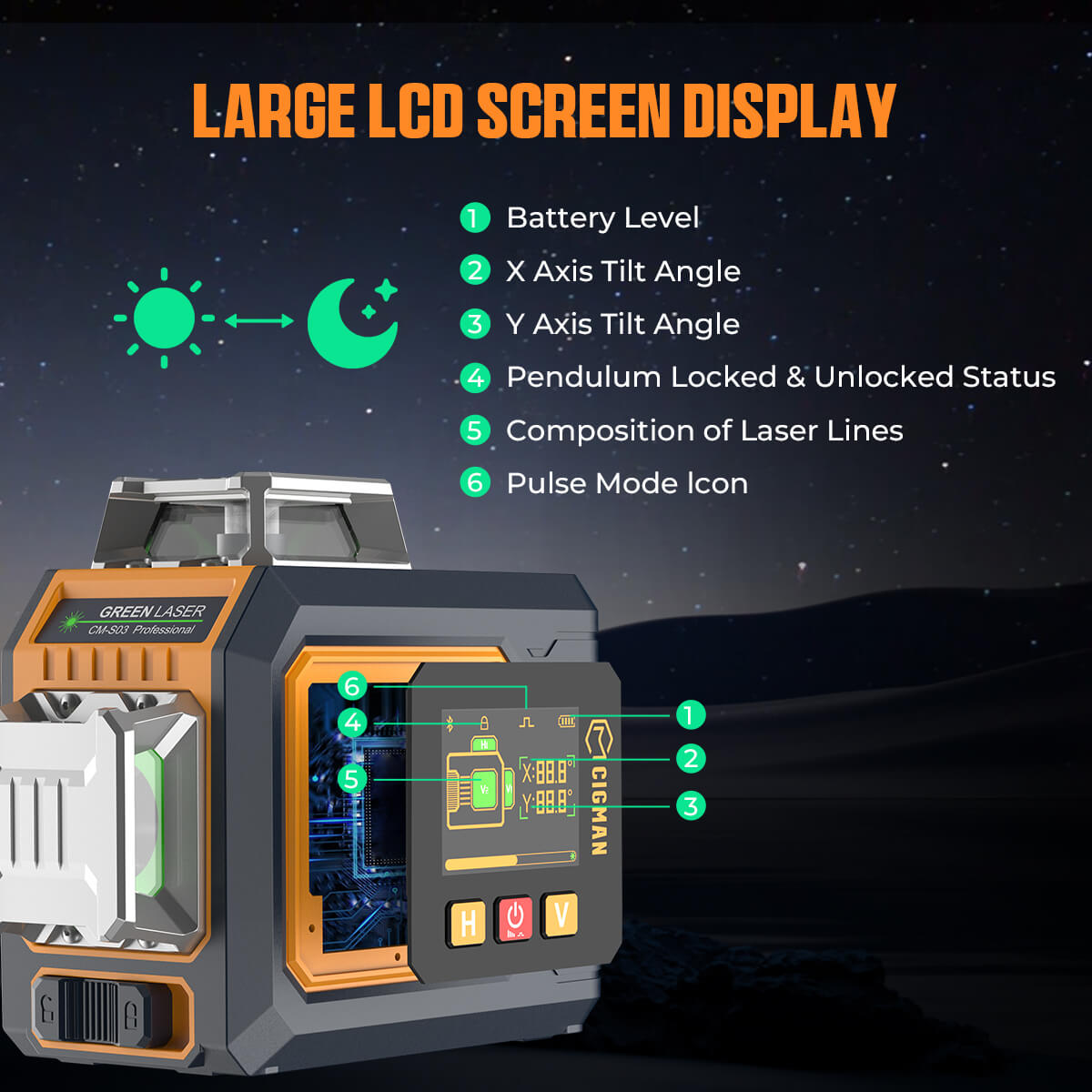 CIGMAN CM-S03 12-Line Laser Level with LCD Display, 3&times;360&deg; Green Beam, &plusmn;1.5mm/5m High Accuracy, Auto-Leveling, 2600mAhx2 Batteries, IP54 Waterproof & Dustproof, APP & Remote Control
