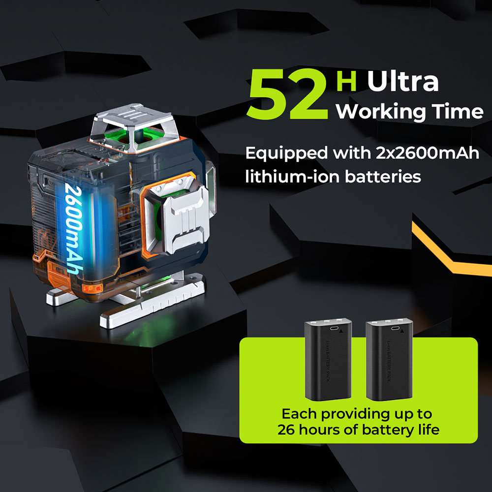 CIGMAN CM-S04 16-Line Laser Level with LCD Display, 4&times;360&deg; Green Beam, &plusmn;1.5mm/5m High Accuracy, Auto-Leveling, 2600mAhx2 Batteries, IP54 Dustproof & Waterproof, APP & Remote Control