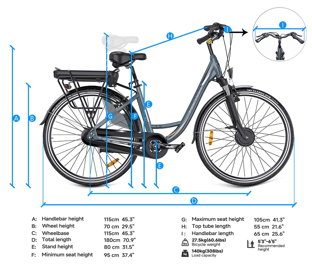 CITY 1.3-20 Vélo électrique, moteur 250W, batterie 37V 14Ah, pneus 700*40C, vitesse maximale de 25km/h, autonomie de 45km, freins à disque mécaniques avant et arrière, Shimano 7 vitesses