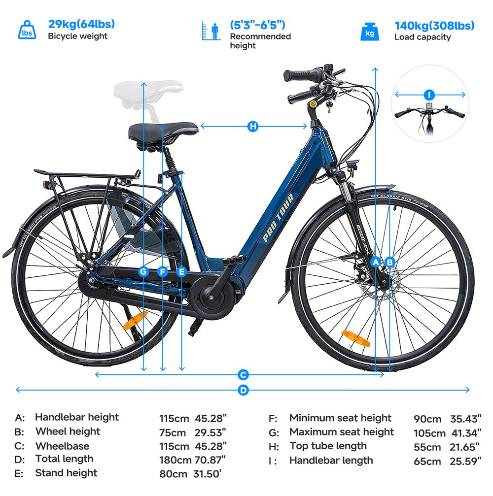 CITY 5.3-20 Vélo électrique, moteur 250W, batterie 36V 14Ah, pneus 700*40C, vitesse maximale de 25 km/h, autonomie de 45 km, freins à disque mécaniques avant et arrière, Shimano 7 vitesses