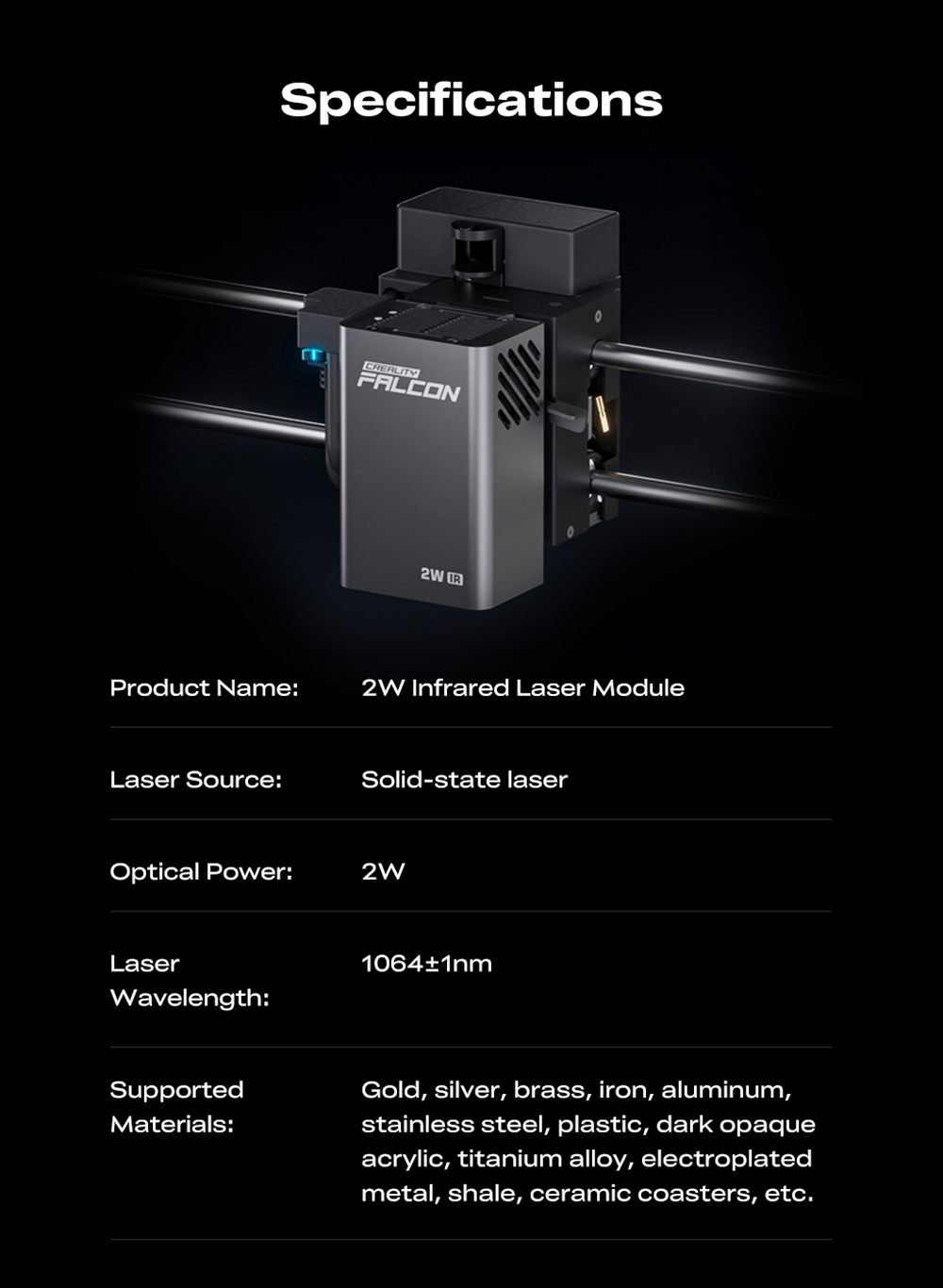 Creality 2W-os infrav&ouml;r&ouml;s l&eacute;zermodul A1 Pro l&eacute;zergrav&iacute;roz&oacute;hoz, 600 mm/s sebess&eacute;g, 0,01 mm-es mozg&aacute;si pontoss&aacute;g, 1064 nm hull&aacute;mhossz